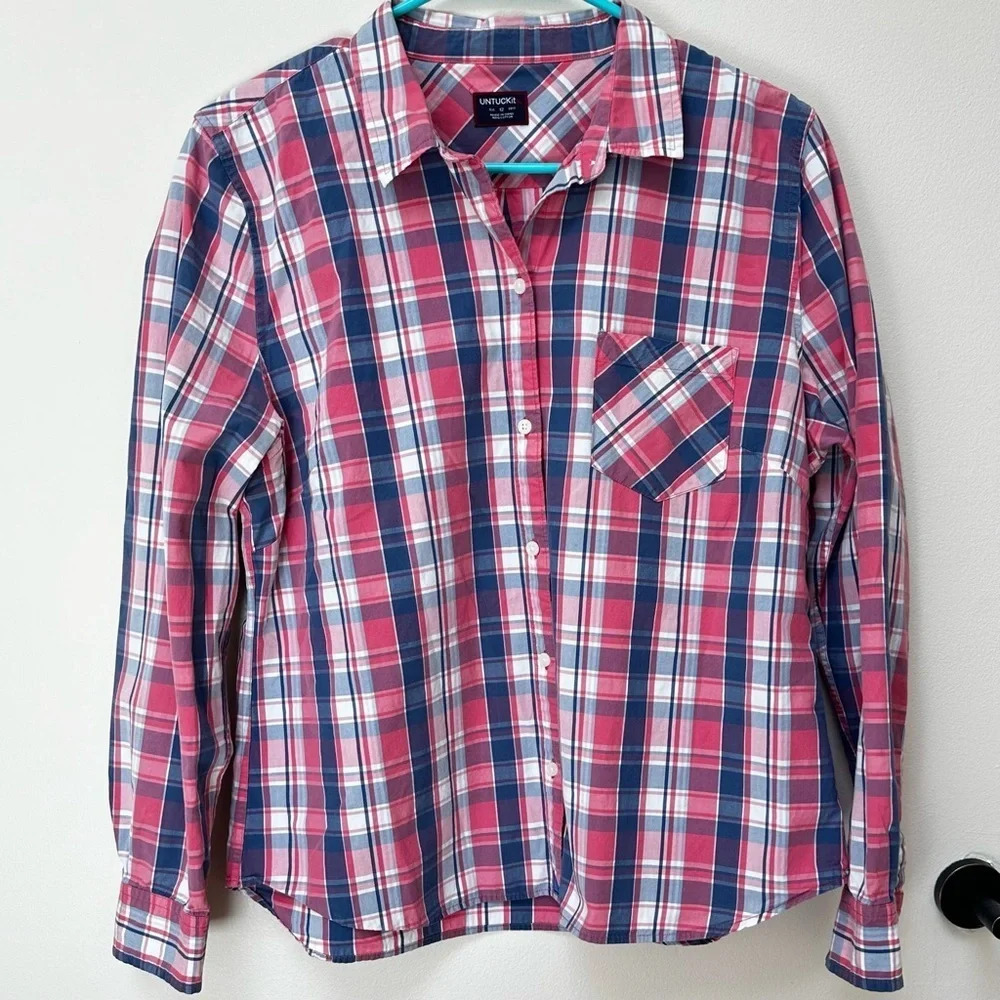 UNTUCKit‎ Boys Plaid Button Down All Seasons White Salmon Blue Sz 12